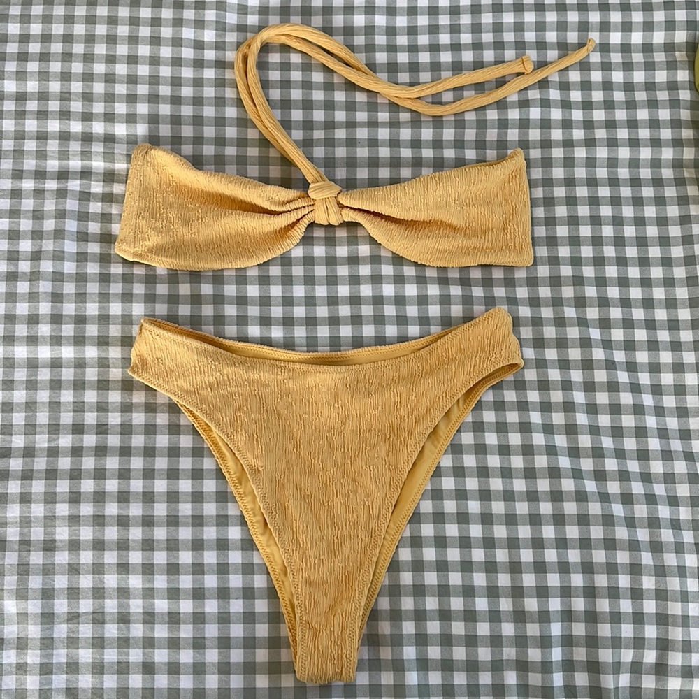 TJ Swim Yellow Crinkle Bandeau High Waisted Bikini